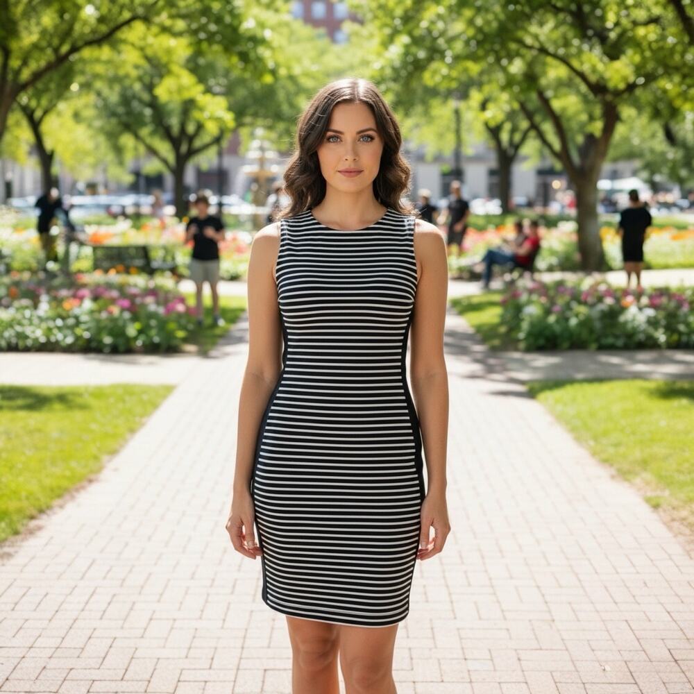 Athleta Striped Bodycon Sheath Athleisure sleeveless Dress Black & White Size S